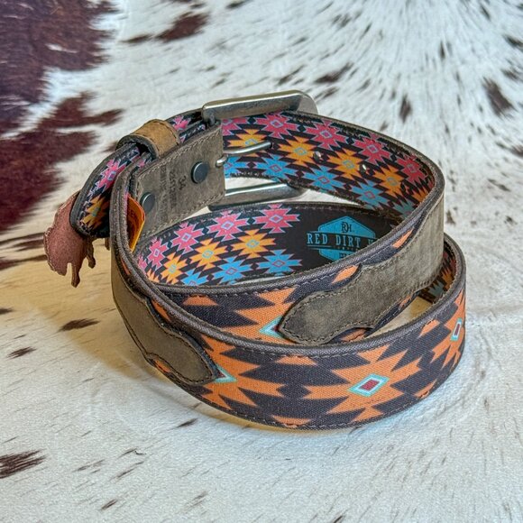 NEW Men's Aztec Fabric & Genuine Oiled Leather Western Belt (34) - Picture 2 of 2